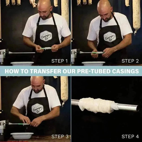 Man demonstrating how to transfer pre-tubed natural hog sausage casings for boerewors casings in four steps