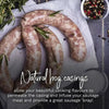 Raw sausages made with natural hog casings showing traditional curved shape