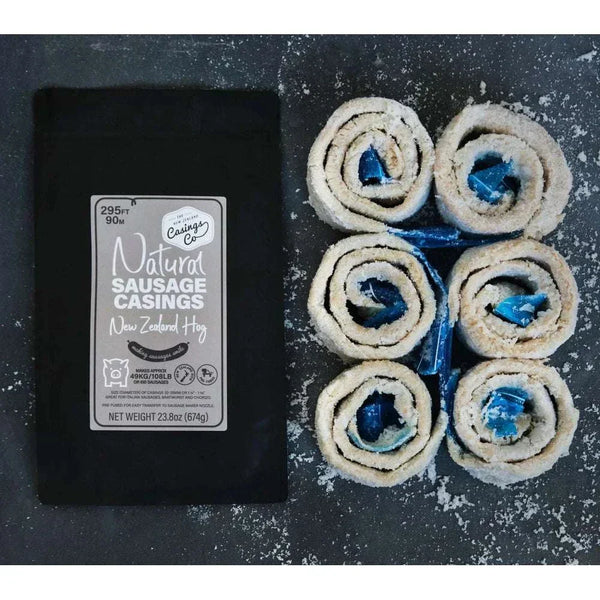 Natural hog casings 32-35mm for Boerewors NZ, 90m pack with pre-tubed rolls shown on a surface.