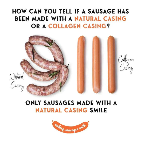 Comparison of sausages made with natural and collagen casings, showing plump natural casings and thin collagen casings, highlighting benefits of natural casings for Boerewors NZ.