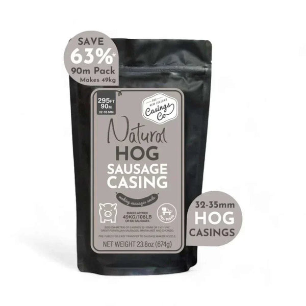 Natural hog casings for sausages, 32-35mm diameter, 90m pack, enhances Boerewors flavor in NZ.