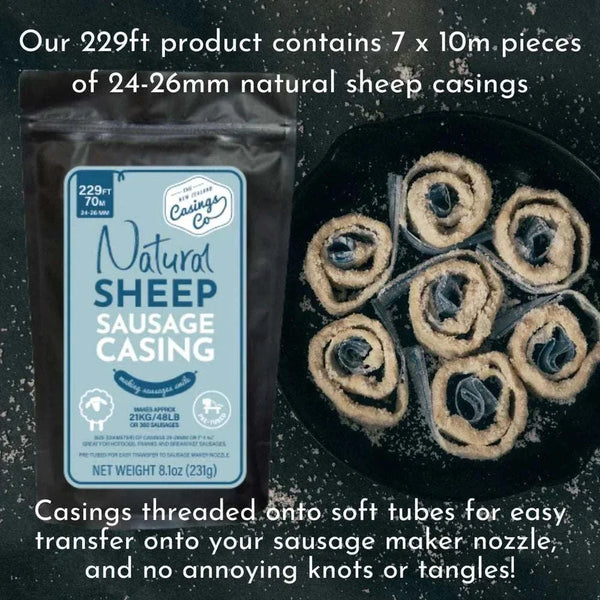 Natural sheep sausage casings 24-26mm, 229ft pack with 70m length, ideal for homemade sausages, New Zealand sourced.