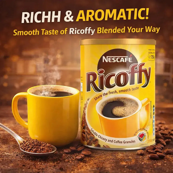 Nescafé Ricoffy 750g soluble chicory and coffee granules in recyclable tin packaging