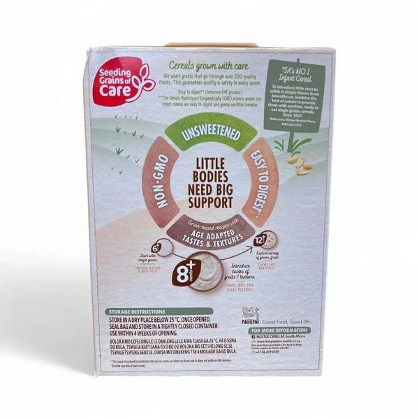 Nestlé Cerelac Baby Cereal with Milk Mixed Fruit 200g packaging showing unsweetened, non-GMO, easy to digest cereal for babies 8 months and older.