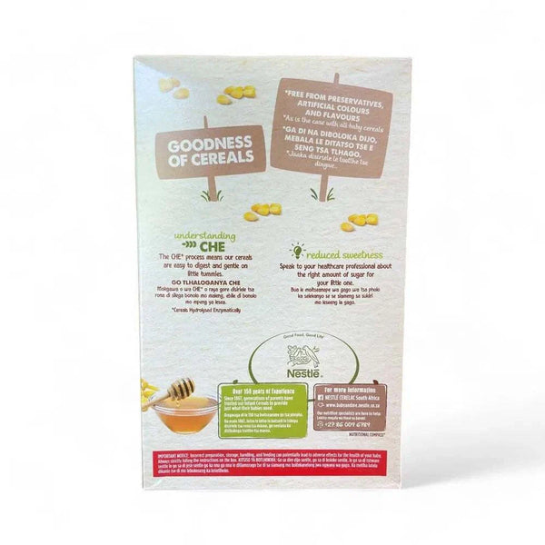 Back of Nestle Cerelac Baby Cereal with Milk Honey 500g box displaying nutritional and preparation information