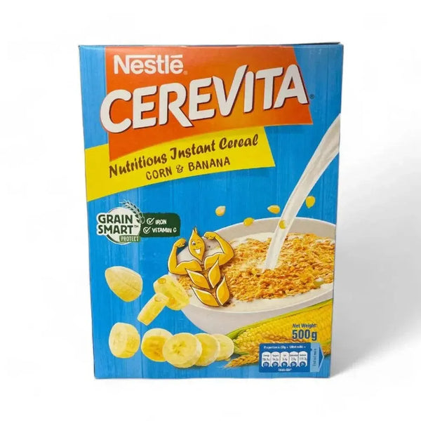 Nestle Cerevita Nutritious Instant Cereal Corn & Banana 500g packaging with cereal bowl and banana slices.