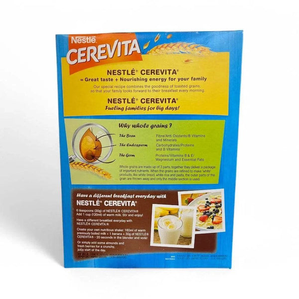 Nestle Cerevita Nutritious Instant Cereal box featuring corn and chocolate, 500g size, with product benefits and preparation images.