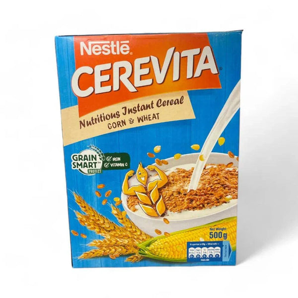 Nestle Cerevita Nutritious Instant Cereal (Corn & Wheat) 500g box packaging.