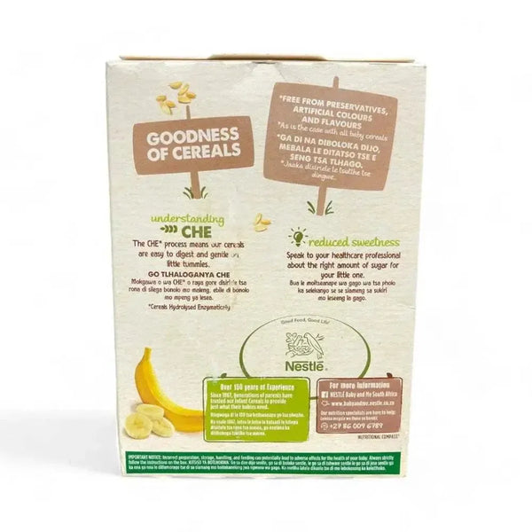 Nestle Nestum Banana Baby Cereal 200g packaging, featuring essential nutrition information and benefits for infants aged 6-12 months.