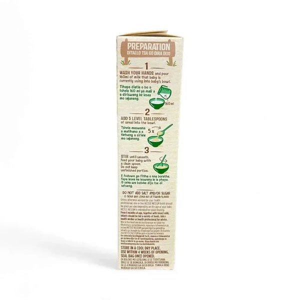 Preparation instructions on the side of the Nestlé Nestum Baby Cereal Banana box, 200g.