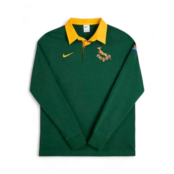 2025 Nike Springboks 30th Anniversary men's long sleeve rugby jersey in green with yellow collar and Springboks logo