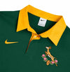 2025 Nike Springboks 30th Anniversary long sleeve rugby jersey in green with gold collar and embroidered Springbok logo