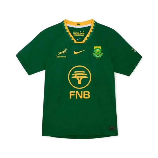2025 Nike Springboks Home Stadium rugby jersey in green and gold with embroidered Springbok and SA Rugby crests and FNB logo