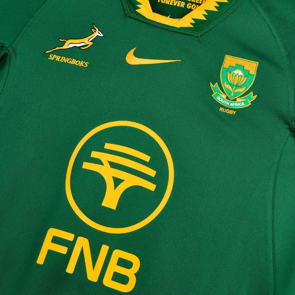 2026 FNB Springboks Home Stadium Jersey in green and gold with Springbok and SA Rugby crest, Nike and FNB logos, medium size