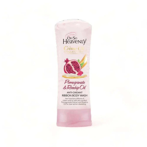 Oh So Heavenly Pomegranate & Rosehip Oil Body Wash with creamy oil ribbons, antioxidant-rich, vegan and cruelty-free, 300ml bottle