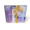 Oh So Heavenly Lavender luxury gift set with body wash, lotion, hand scrub, and loofah in reusable box