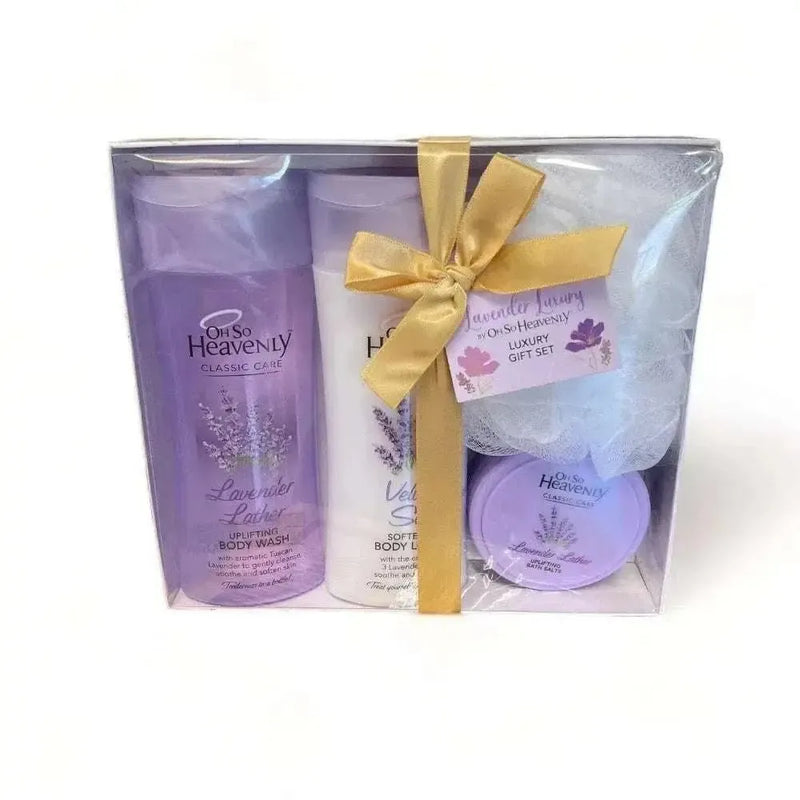 Oh So Heavenly Lavender luxury gift set with body wash, lotion, hand scrub, and loofah in reusable box