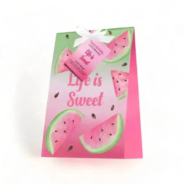Oh So Heavenly Life is Sweet Lucky Packet with watermelon scented bath and body products including body wash, lotion, hand lotion, and loofah