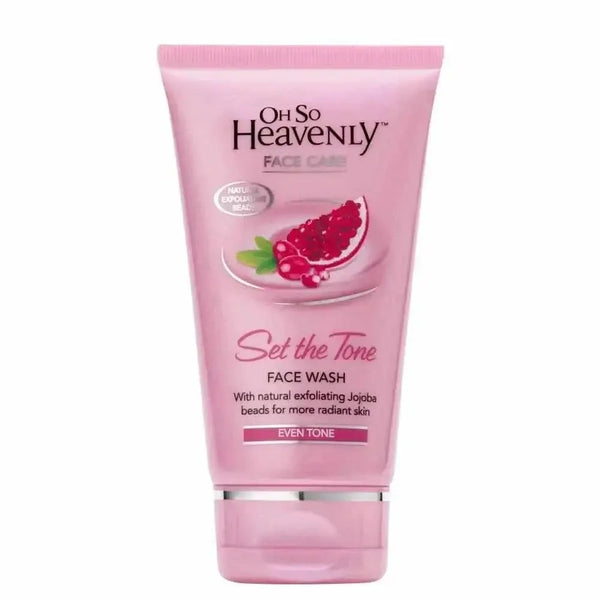 Oh So Heavenly Set the Tone Face Wash bottle with natural Jojoba beads and antioxidant-rich extracts