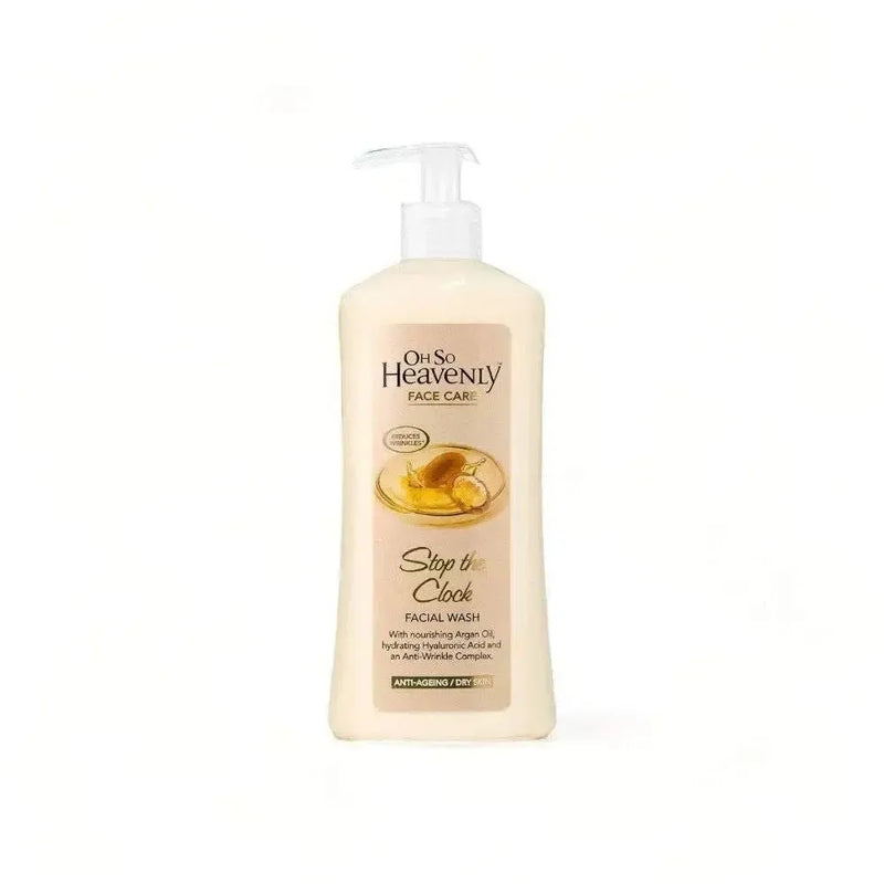 Oh So Heavenly Stop The Clock Facial Wash 450ml with Argan Oil and Hyaluronic Acid for gentle cleansing and anti-wrinkle care