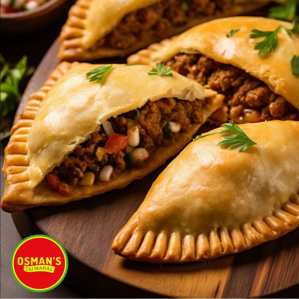 Osmans Taj Mahal spicy chili powder beef-filled pastries close-up on wooden board