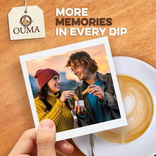 Ouma Rusks Sliced Three Seed packs with coffee cup; perfect dipping treat for snack or breakfast.