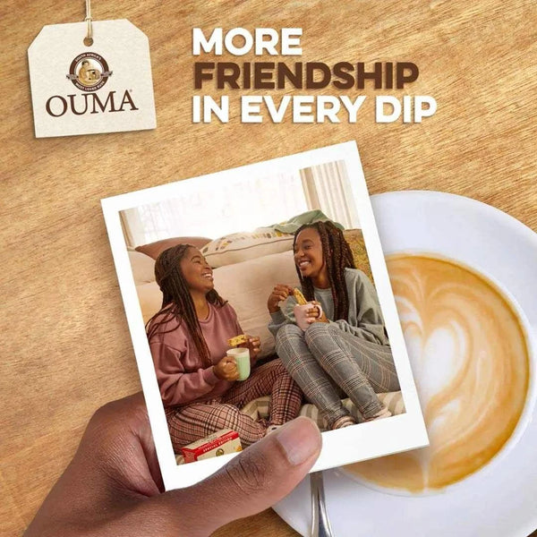 Ouma Rusks Three Seed Sliced 450g pack with coffee and friends enjoying a snack.