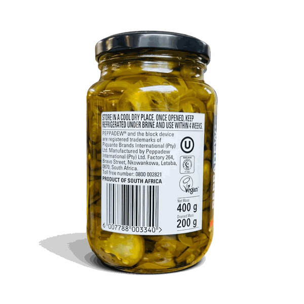 Jar of Peppadew Sweet Jalapeno Peppers Hot Slices in Brine 400g labeled PEPPADEWS Mild