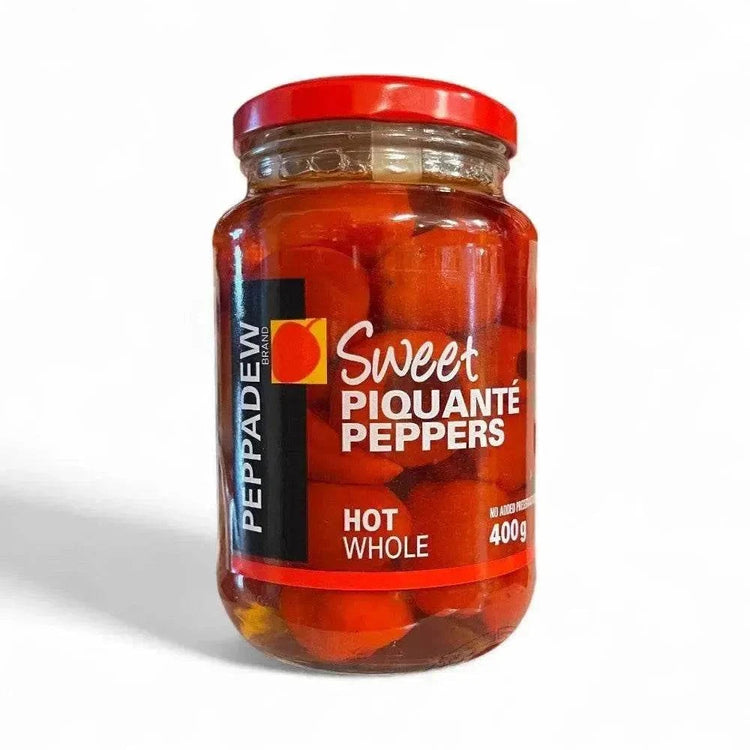 Jar of PEPPADEWS Sweet Piquante Peppers Hot Whole 400g with vibrant red peppers in brine and red lid