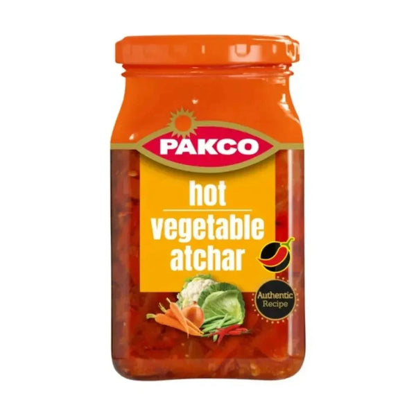 Pakco Vegetable Atchar hot spicy South African pickle in 385g jar with carrots cauliflower and green beans