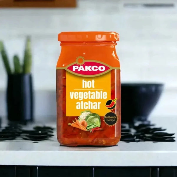 Jar of Pakco HOT Vegetable Atchar 385g with spicy mixed vegetable pickle