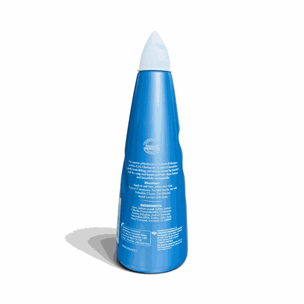 Palmolive Anti-dandruff Shampoo 350ml bottle with blue liquid and label