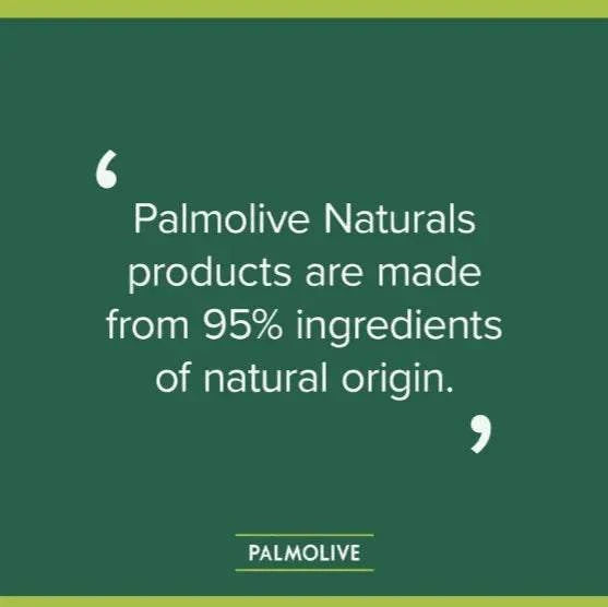 Palmolive Naturals ingredients statement on green background.