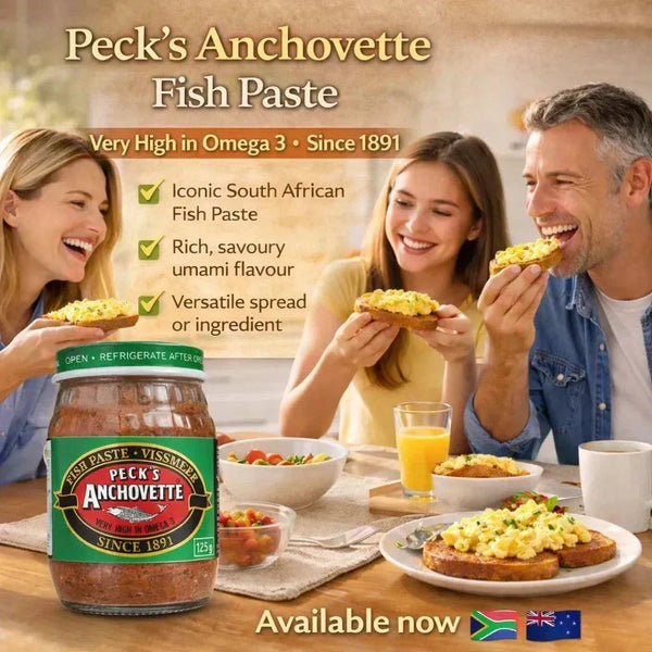 Peck's Anchovette Fish Paste 125g jar from South African Food Store NZ, rich savory spread high in Omega-3