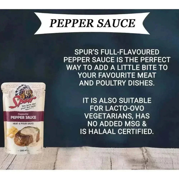 Spur Pepper Sauce 200ml bottle for steaks and burgers, rich and flavorful, lactose-ovo vegetarian, no added MSG, kosher certified