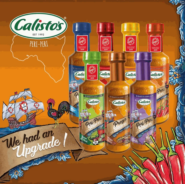 Calisto's Peri Peri Sauces - 250ml bottles in various flavors with colorful caps, featuring bold packaging design.