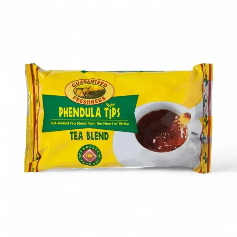Phendula Tips tagless tea bags 100 pack full-bodied African tea blend bright yellow packaging