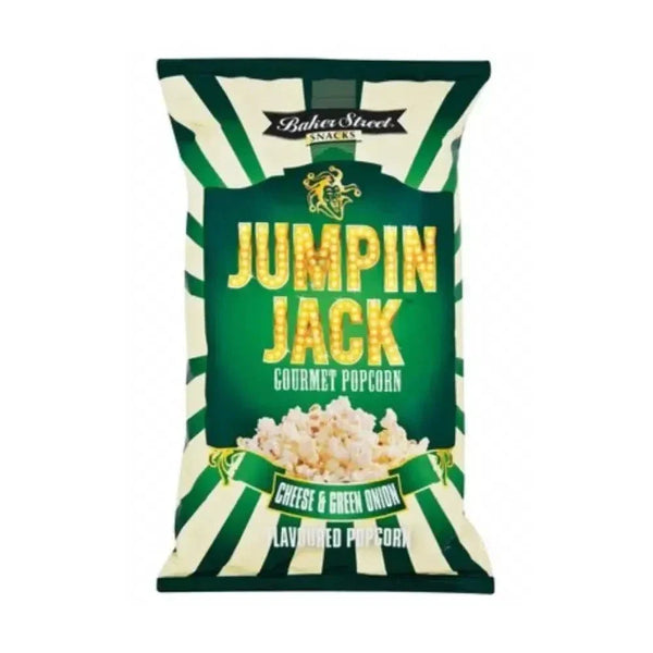 Baker Street Jumpin Jack Cheese & Green Onion Pop Corn 100g packet showcasing cheesy and savory oven-baked popcorn snack