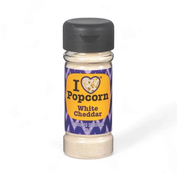 Popcorn Delights White Cheddar Popcorn Seasoning 100ml bottle with black cap and purple label.