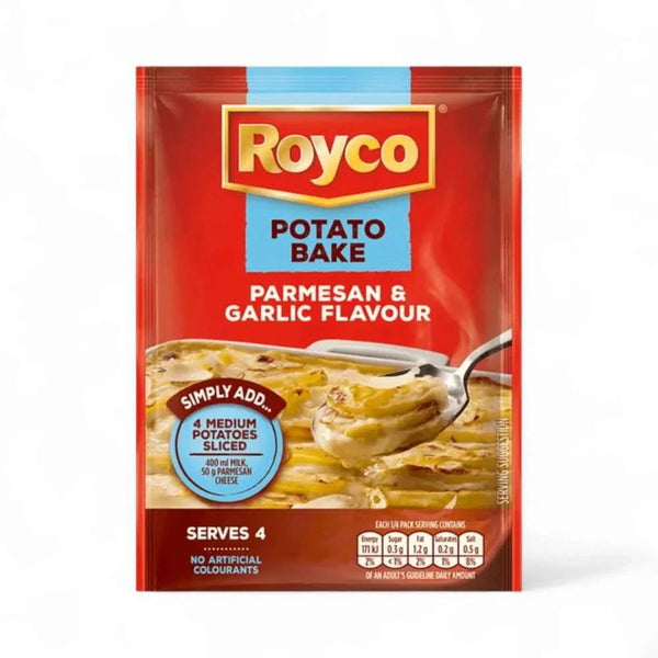 Royco Potato Bake Parmesan and Garlic flavor 40g packet with creamy potato dish image