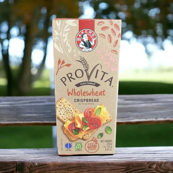 Bakers Provita biscuits - Wholewheat Crispbread 250g, high fiber, low GI, nutritious snack packaging.