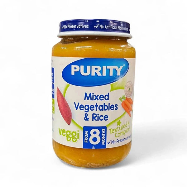 Purity Puree Jar Mixed Vegetables & Rice baby food for 8 months plus, textured and preservative-free in 200ml glass jar