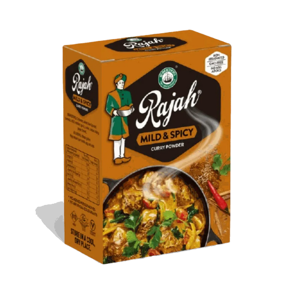 Rajah Curry Powder Mild & Spicy 50g box with Indian curry dish illustration