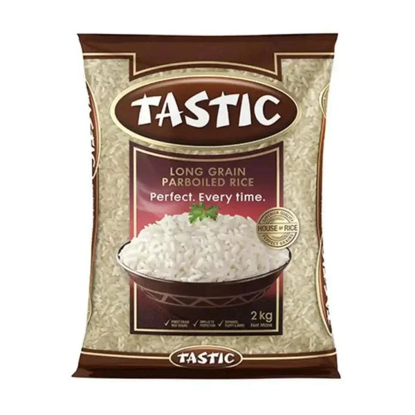 Tastic Long Grain Parboiled Rice 2kg bag with fluffy white grains and nutritional value
