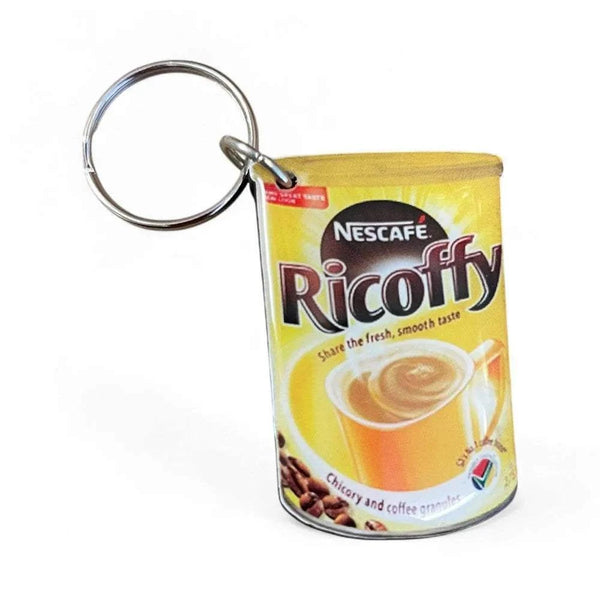 Ricoffy Instant Coffee tin shaped resin keyring with metal ring, South African coffee memorabilia accessory