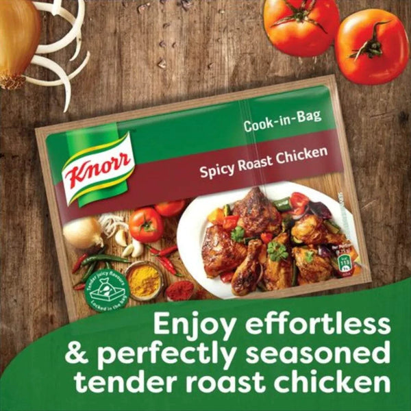 Knorr Cook-in-Bag Spice Roast Chicken packaging with ingredients and cooked chicken.