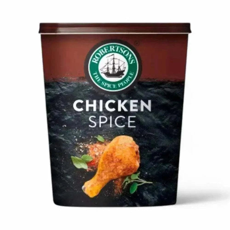 Robertsons Refill Chicken Spice 1kg packaging with spice blend for chicken dishes, featuring paprika and black pepper.