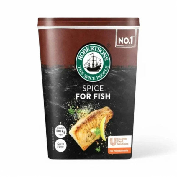 Robertsons Refill Fish Spice 1kg package with labeling showing spice for fish and GMO-free, ideal for enhancing seafood dishes.