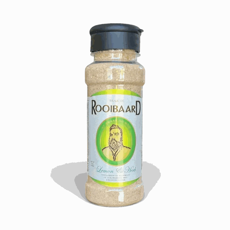 Rooibaard Lemon & Herb Spice 170g bottle with lemon zest and herbs for grilling and roasting
