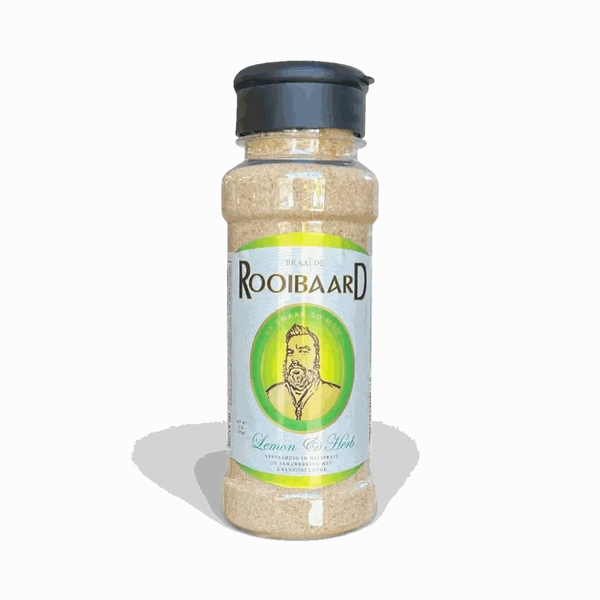 Rooibaard Lemon & Herb Spice 170g bottle with lemon zest and herbs for grilling and roasting